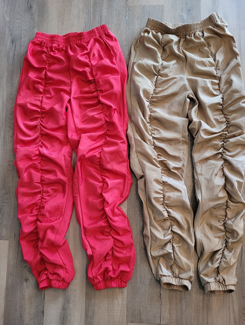 Shien Womens Ruched Jogger Pants Bundle - Red and Tan Size Small 2 Pairs